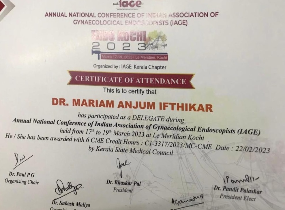 Dr. Mariam Anjum — IAGE 2023, Kochi — Attendance Certificate